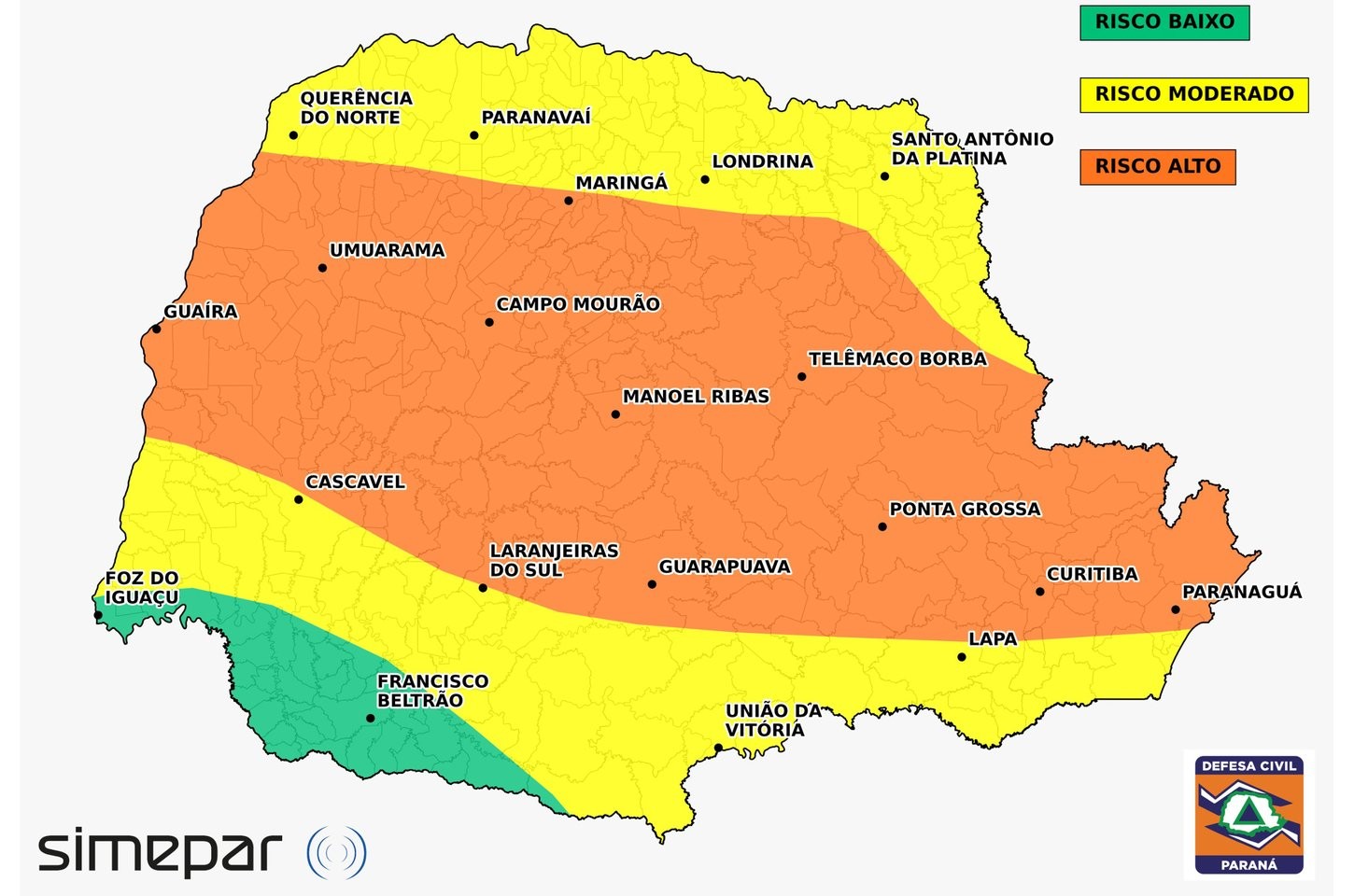 Defesa Civil emite seis alertas de risco alto para tempestades severas no Paraná