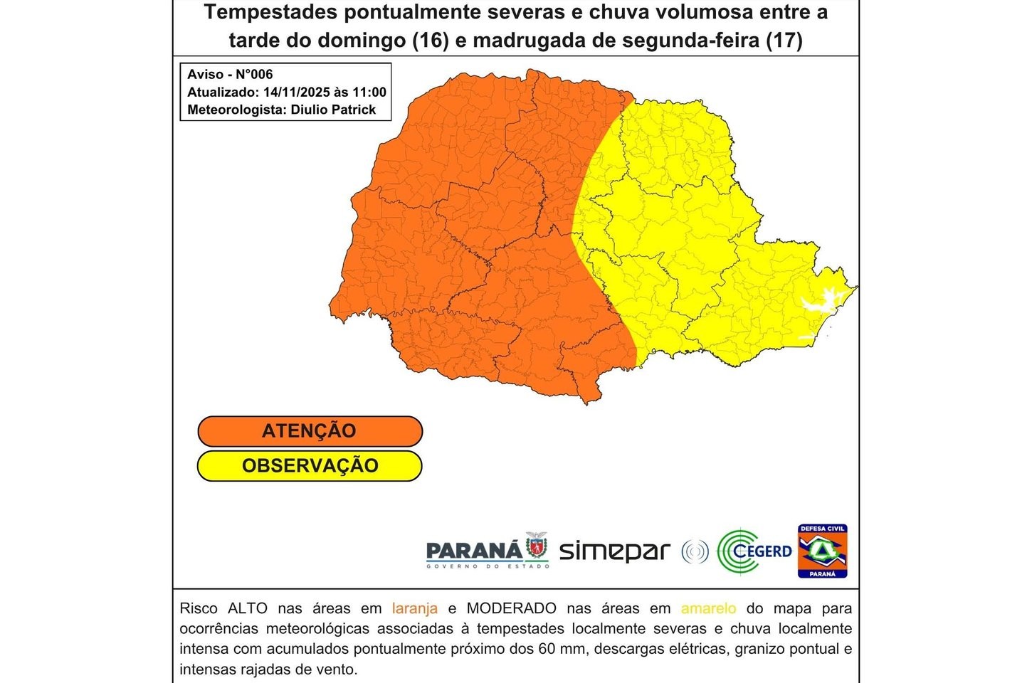 Frente fria trará tempestades severas ao Paraná no domingo