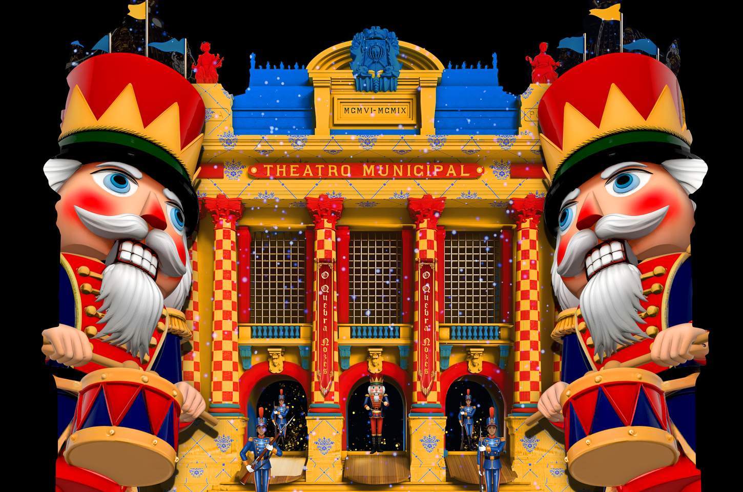 Quebra Nozes leva magia natalina à fachada do Theatro Municipal do Rio